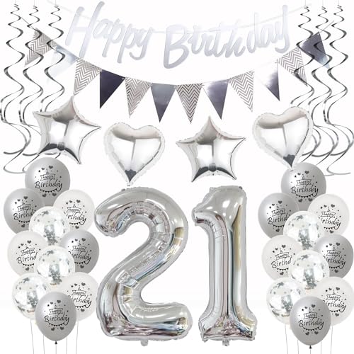 Silber Geburtstagsdeko 21 Jahre Frauen Mann,ballon 21 Geburtstag Frauen Deko, Luftballons 21. Geburtstag Dekoration Frau silber,Party Deko 21. Geburtstag Männer 21 Jahre Frau Geburtstagsdeko von Hongyantech