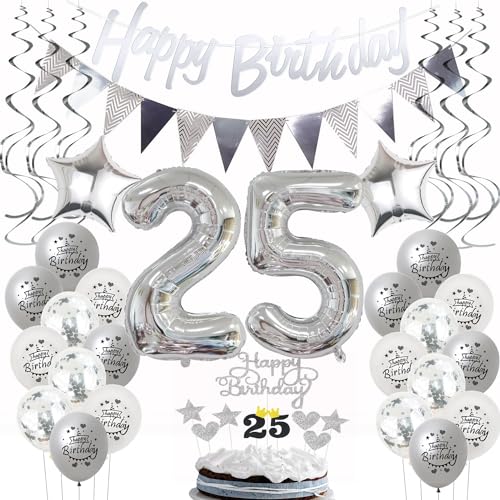 Silber Geburtstagsdeko 25 Jahre - Luftballons, Tortendeko für Frauen und Männer - Party Dekoration zum 25. Geburtstag von Hongyantech
