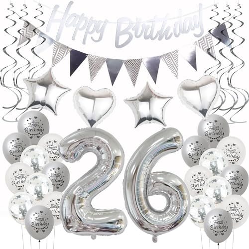 Silber Geburtstagsdeko 26 Jahre Frauen Mann,ballon 26 Geburtstag Frauen Deko, Luftballons 26. Geburtstag Dekoration Frau silber ,Party Deko 26. Männer 26 Jahre Frau Geburtstagsdeko von Hongyantech