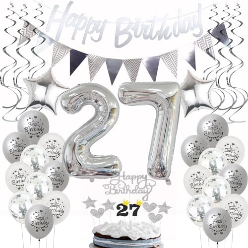 Silber Geburtstagsdeko 27 Jahre Frau Mann,ballon 27 Geburtstag Frauen Deko, Luftballons 27. Geburtstag Deko Frau silber,Party Deko 27. Geburtstag Männer Tortendeko 27 Geburtstag Frau Mann deko von Hongyantech