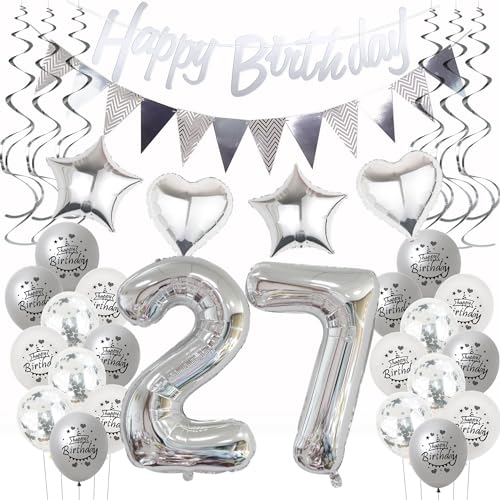 Silber Geburtstagsdeko 27 Jahre Frauen Mann,ballon 27 Geburtstag Frauen Deko, Luftballons 27. Geburtstag Dekoration Frau silber,Party Deko 27. Geburtstag Männer 27 Jahre Frau Geburtstagsdeko von Hongyantech
