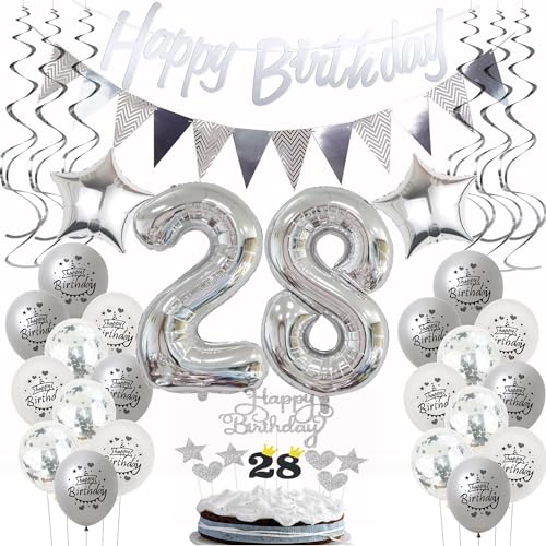 Silber Geburtstagsdeko 28 Jahre Frau Mann,ballon 28 Geburtstag Frauen Deko, Luftballons 28. Geburtstag Deko Frau silber,Party Deko 28. Geburtstag Männer Tortendeko 28 Geburtstag Frau Mann deko von Hongyantech