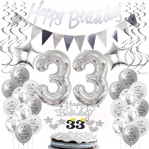 Silber Geburtstagsdeko 33 Jahre - Luftballons, Tortendeko für Frau und Mann - Party Deko für 33. Geburtstag Silber Geburtstagsdeko 33 Jahre - Luftballons, Tortendeko für Frau und Mann - Party Deko für 33. Geburtstag von Hongyantech