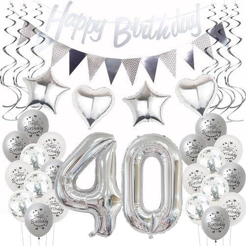 Silber Geburtstagsdeko 40 Jahre für Frauen und Männer - Luftballons und Party Deko für 40. Geburtstag - Dekoration Set Silber Geburtstagsdeko 40 Jahre für Frauen und Männer - Luftballons und Party Deko für 40. Geburtstag - Dekoration Set von Hongyantech