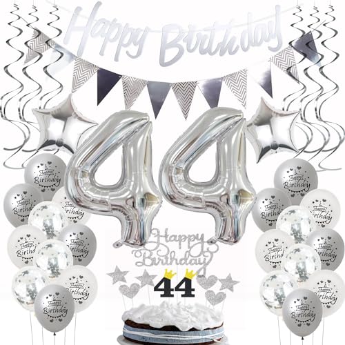 Silber Geburtstagsdeko 44 Jahre Frau Mann,ballon 44 Geburtstag Frauen Deko, Luftballons 44. Geburtstag Deko Frau silber,Party Deko 44. Geburtstag Männer Tortendeko 44 Geburtstag Frau Mann deko von Hongyantech