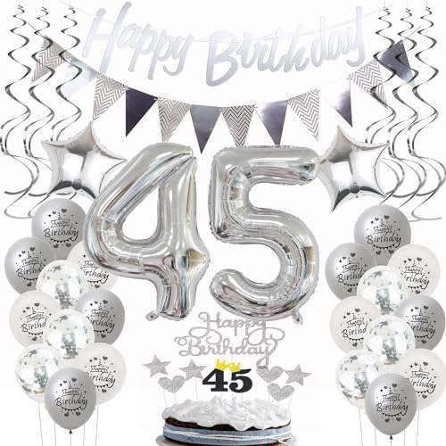 Silber Geburtstagsdeko 45 Jahre Frau Mann,ballon 45 Geburtstag Frauen Deko, Luftballons 45. Geburtstag Deko Frau silber ,Party Deko 45. Geburtstag Männer Tortendeko 45 Geburtstag Frau Mann deko von Hongyantech