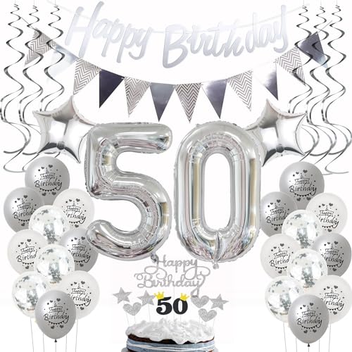 Silber Geburtstagsdeko 50 Jahre Frau Mann,ballon 50 Geburtstag Frauen Deko, Luftballons 50. Geburtstag Deko Frau silber,Party Deko 50. Geburtstag Männer Tortendeko 50 Geburtstag Frau Mann deko von Hongyantech