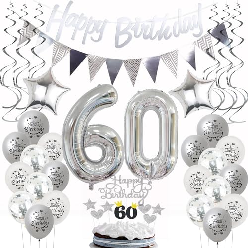 Silber Geburtstagsdeko 60 Jahre für Frau und Mann - Luftballons, Tortendeko und Party Deko für 60. Geburtstag Silber Geburtstagsdeko 60 Jahre für Frau und Mann - Luftballons, Tortendeko und Party Deko für 60. Geburtstag von Hongyantech