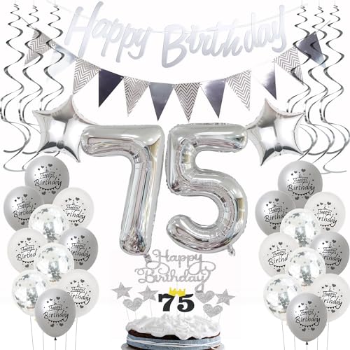 Silber Geburtstagsdeko 75 Jahre - Luftballons, Tortendeko für Frauen und Männer - Party Dekoration von Hongyantech
