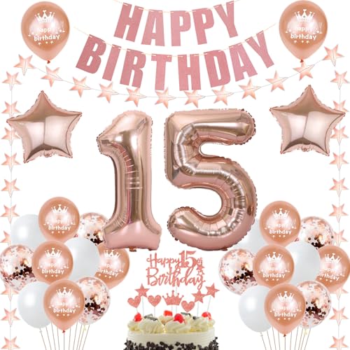 deko 15. Geburtstag Dekoration Mädchen Rosegold Tortendeko 15 Geburtstag Mädchen Deko Luftballons 15. Geburtstag Party Deko 15 jahre Mädchen Geburtstagsdeko Folienballon 15 Geburtstag Geschenk von Hongyantech