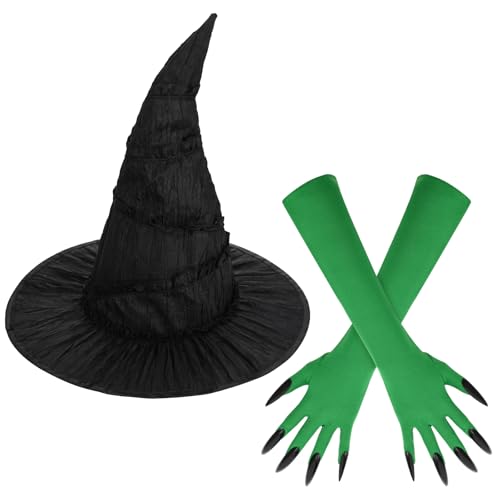 Grünes Halloween-Hexenkostüm mit schwarzem Hexenhut und grünen Handschuhen für Damen, Filmfigur, Cosplay, 2 Stück von Honic