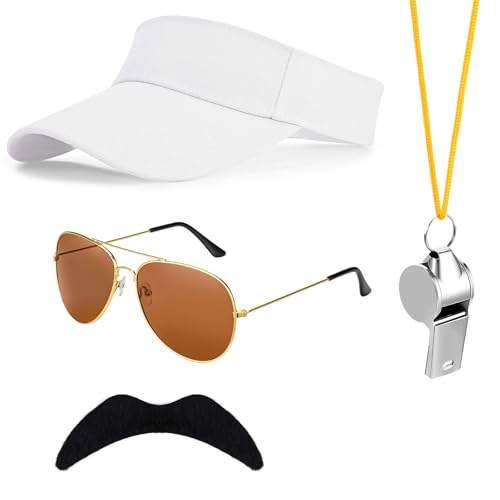 Honic 4-teiliges Fußballtrainer-Kostüm-Zubehör-Set mit Sonnenblende, Hut, Sonnenbrille, Bart und Pfeifen mit Umhängeband, für Herren, Halloween, Fußball, Sport, Party, Cosplay, Verkleiden von Honic