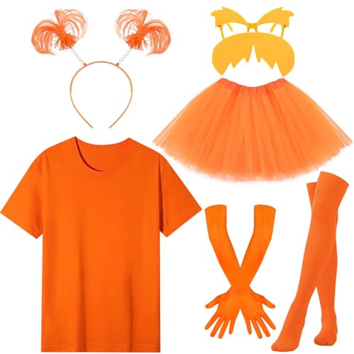Honic 6 Stück Orange Kostüm Gelb Fake Schnurrbart Brille mit orangefarbenem T-Shirt Stirnband Tutu Rock Handschuhe Socken für Frauen, Mehrfarbig, Large von Honic