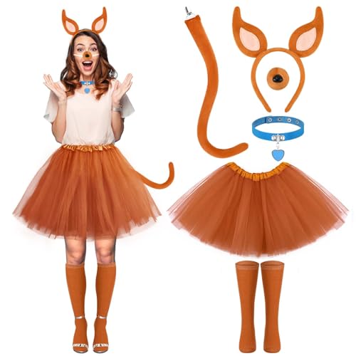 Honic 6-teiliges braunes Kostüm-Set mit Stirnband, blauem Kragen, Schwanznase und braunem Tutu-Rock und Socken für Erwachsene, Halloween-Party Honic 6-teiliges braunes Kostüm-Set mit Stirnband, blauem Kragen, Schwanznase und braunem Tutu-Rock und Socken für Erwachsene, Halloween-Party von Honic
