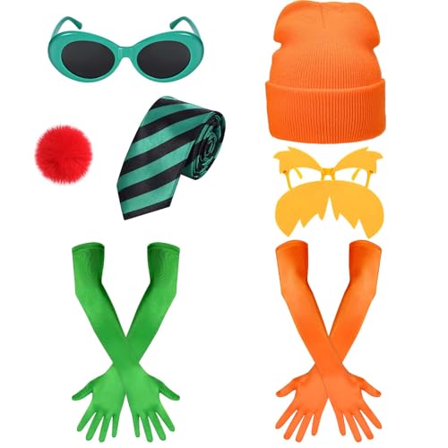 Honic 7-teiliges orangefarbenes Halloween-Kostüm-Zubehör inklusive orangefarbener Beanie-Mütze, gelbe Brille, Handschuhe, Krawatte, grüne Sonnenbrille, Pompons, Anstecknadel für Halloween, Erwachsene Honic 7-teiliges orangefarbenes Halloween-Kostüm-Zubehör inklusive orangefarbener Beanie-Mütze, gelbe Brille, Handschuhe, Krawatte, grüne Sonnenbrille, Pompons, Anstecknadel für Halloween, Erwachsene von Honic