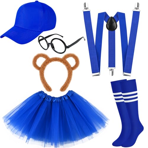 Honic Streifenhörnchen-Ohren, Stirnband, Hut, Brille, kniehohe Socken, Hosenträger und Tutu-Kleid für Damen, Halloween, Party, Cosplay, Blau, 6 Stück Honic Streifenhörnchen-Ohren, Stirnband, Hut, Brille, kniehohe Socken, Hosenträger und Tutu-Kleid für Damen, Halloween, Party, Cosplay, Blau, 6 Stück von Honic