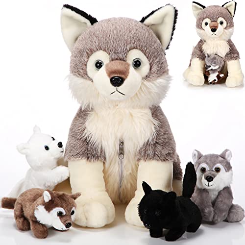 Honoson 5 Stück Wolf Kuscheltiere Set 35 cm Mama Wolf Plüschtier mit 4 Süßen Baby Wölfen Stofftieren in Ihrem Bauch mit Reißverschluss für Jungen Mädchen Geburtstag Party Geschenke (Süß) von Honoson