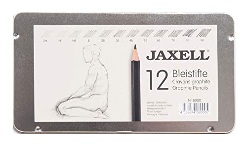 Honsell 8000 - Jaxell Bleistift Set, 12 Bleistifte im Metalletui, Härtegrade von 2H - 9B, schwarz lackiert, ungiftig, Sechskantform von Honsell