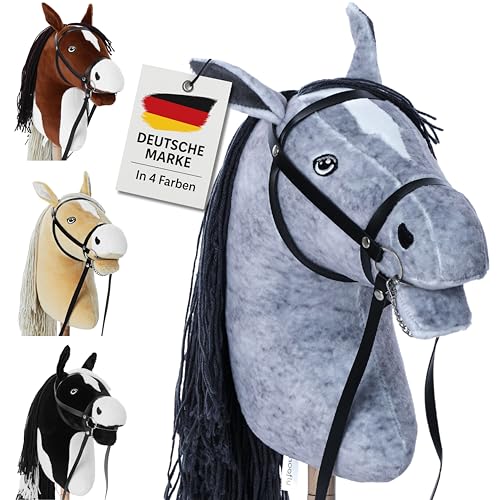Hoofly® Hobby Horse Grau (Schimmel) - Großes Steckenpferd für Kinder A3 mit Schraubstab/Horsing Hobby Horse Pferde Set mit Trense in 4 Farben/Steckenpferde Stockpferd mit Zubehör Hors von Hoofly