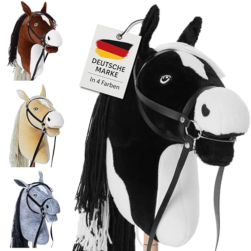 Hoofly® Hobby Horse Schwarz (Schecke) - Großes Steckenpferd für Kinder A3 mit Schraubstab/Horsing Hobby Horse Pferde Set mit Trense in 4 Farben/Steckenpferde Stockpferd mit Zubehör Hors von Hoofly