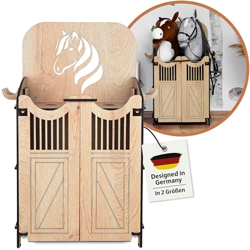 Hoofly Hobby Horse Stall - Praktisches Hobby Horse Zubehör mit Türen, Stauraum & Haken/Idealer Pferdestall Hobby Horsing Ständer 2 Pferde/Robuster Halter für 2 Hobby Horse Steckenpferde Stall Holz von Hoofly