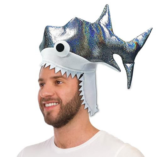 Hooin Hai-Kostümhut, glitzerndes silbernes Hai-Kostüm, Partyhut mit 3D-gestickten Augen von Hooin
