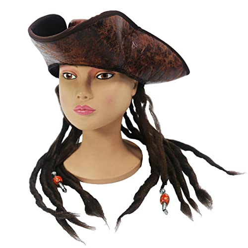Deluxe Piraten-Kapitänsmütze mit Dreadlocks-Haaren. Retro-Leder, Braun von Hooin