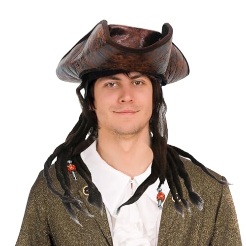 Deluxe Piraten-Kapitänsmütze mit Dreadlocks-Haaren. Retro-Leder, Braun von Hooin