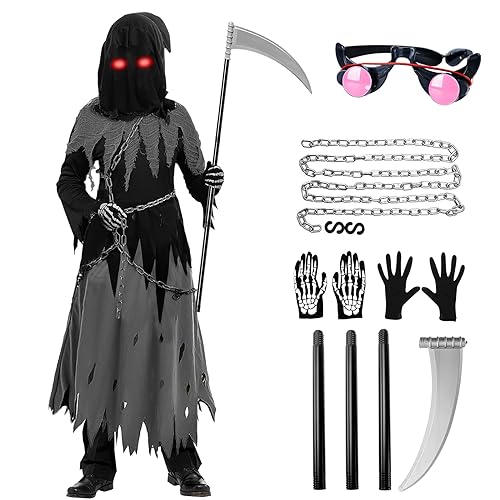 Hook Halloween Sensenmann Kostüm für Kinder Jungen, Schwarz Scream Kostüm mit Inklusive Sichel, Das, Handschuhen, Umhang mit Kapuze und Metallkette, für Ihre Halloween-Party, Cosplay Hook Halloween Sensenmann Kostüm für Kinder Jungen, Schwarz Scream Kostüm mit Inklusive Sichel, Das, Handschuhen, Umhang mit Kapuze und Metallkette, für Ihre Halloween-Party, Cosplay von Hook