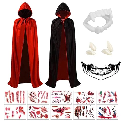 Vampir Umhang Schwarz Rot mit Kapuze, Halloween Kostüm Teufel Kostüm Halloween Tod Kultfaktor Hexe für Herren or Damen (90cm) von Hook