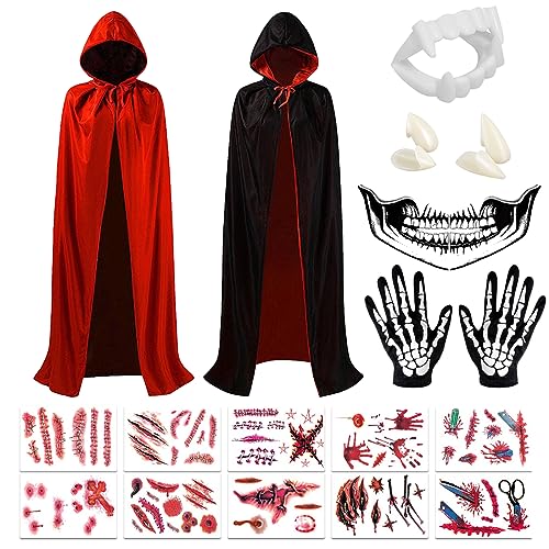 Hook Vampir Umhang Schwarz Rot mit Kapuze, Kostüm für den Karneval der Kulturen, Teufel Kostüm für die ausgelassene Festivalstimmung, Halloween Tod Kultfaktor Hexe für Herren oder Damen von Hook