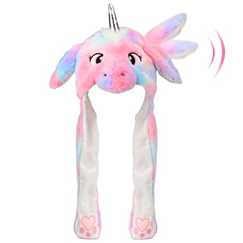 Hopearl Einhorn Hut mit Ohren Bewegen Springen Pop Up Schlagen Hut Plüsch Urlaub Cosplay Dress Up Lustiges Geschenk für Kinder Mädchen, Regenbogen, 56CM von Hopearl