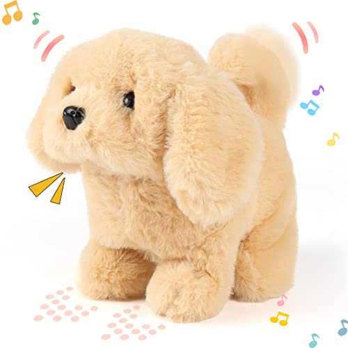 Hopearl Gehender Hund Golden Retriever Interaktive elektronische Haustier Plüsch Spielzeug Welpe Woff und bewegte animierte Knotenkopf Geschenke für Kleinkinder Geburtstag, braun, 18cm von Hopearl