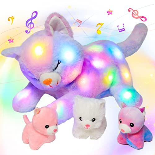 Hopearl LED Musical Gefüllte Katze Licht Singen Plüsch Spielzeug Playset Mama Katze mit 3 Baby Kätzchen in ihrem Bauch Lullaby Geschenke für Kinder Kleinkind Mädchen, Regenbogen, 45cm von Hopearl