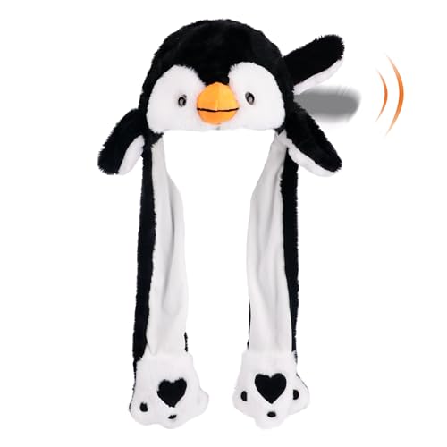 Hopearl Pinguin Hut mit Beweglichen Ohren - Schwarz-Weiße Kuschelige Plüschmütze - Lustiges Antarktis Kostüm für Karneval & Kindergeburtstag - Das ideale Geschenk für Jungen und Mädchen (56 cm) von Hopearl