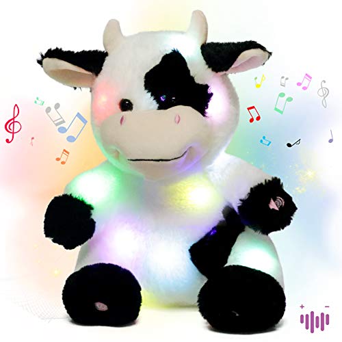 Hopearl Plüschtier mit LED-Beleuchtung, Motiv: Kuh, Leuchtend, verstellbare Lautstärke, Schlaflied, animiert, beruhigend, Geburtstagsfest, für Kinder, Kleinkinder, Mädchen, 33 cm von Hopearl