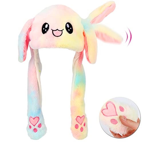 Hopearl Regenbogen Hase Hut mit Ohren Bewegen Springen Pop Up Schlagen Hut Plüsch Urlaub Cosplay Dress Up Lustige Weihnachten Winter Geburtstagsgeschenk für Kinder Jungen Mädchen, Bunt, 56cm von Hopearl