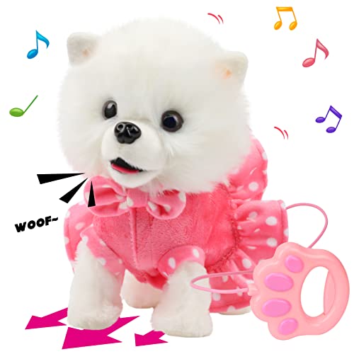 Hopearl Walking Pomeranian Interaktive Elektronische Haustier Hund Spielzeug Fernbedienung Leine Animierte Welpe Nodding Bellen Wagging Schwanz Geschenk für Kleinkinder Geburtstag, weiß, 25.5cm von Hopearl