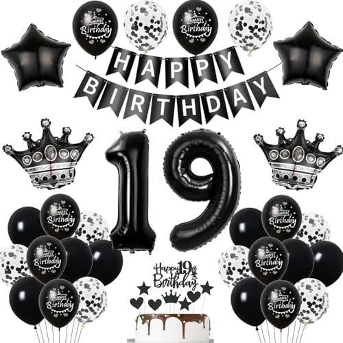 19. Geburtstag Dekoration Schwarz - Tortendeko für Junge und Mädchen - Luftballon, Ballon und Deko für 19 Jahre - Geburtstagsdeko Set von Hopewey