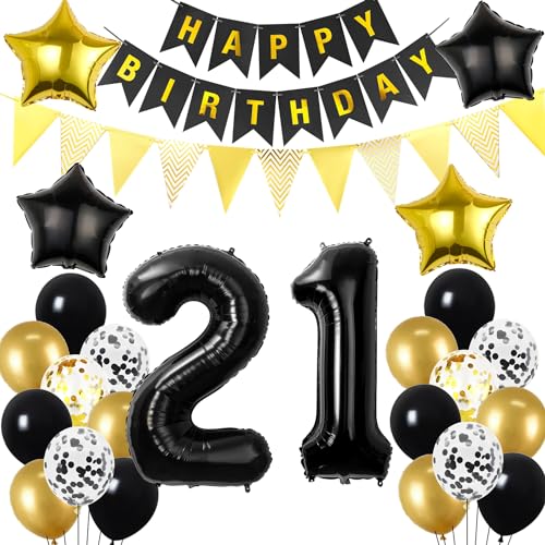 21. Geburtstag Dekoration Schwarz gold, Geburtstagsdeko 21 Jahre mann frau, 21 Geburtstag Deko männer frauen 21 Ballon Geburtstagdeko set, Luftballons 21. Geburtstag Party Deko 21 Geburtstag männer von Hopewey