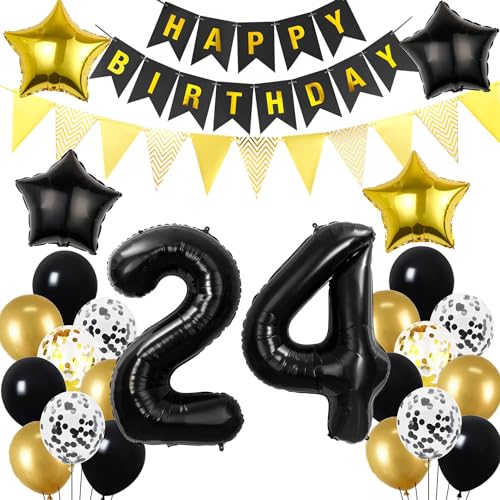 24. Geburtstag Dekoration Schwarz gold, Geburtstagsdeko 24 Jahre mann frau, 24 Geburtstag Deko männer frauen 24 Ballon Geburtstagdeko set, Luftballons 24. Geburtstag Party Deko 24 Geburtstag männer von Hopewey