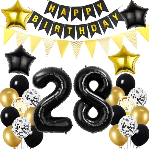 28. Geburtstag Dekoration Schwarz gold, Geburtstagsdeko 28 Jahre mann frau, 28 Geburtstag Deko männer frauen 28 Ballon Geburtstagdeko set, Luftballons 28. Geburtstag Party Deko 28 Geburtstag männer … von Hopewey