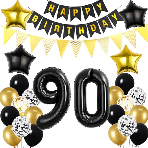 90. Geburtstag Dekoration Schwarz gold, Geburtstagsdeko 90 Jahre mann frau, 90 Geburtstag Deko männer frauen 90 Ballon Geburtstagdeko set, Luftballons 90. Geburtstag Party Deko 90 Geburtstag männer von Hopewey