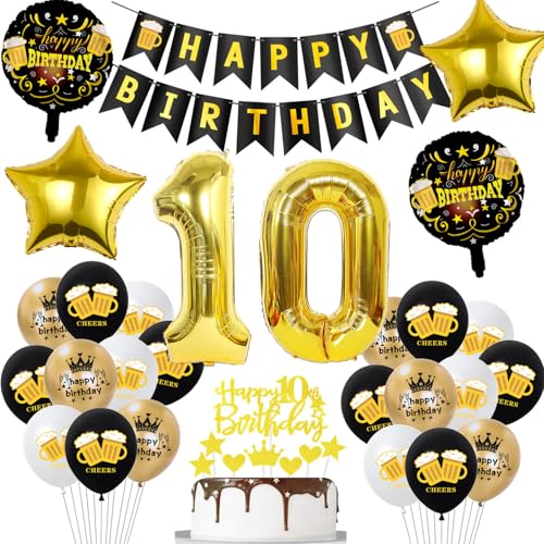 Deko 10. Geburtstag Mädchen Junge , Schwarz Gold 10. Geburtstag Party Dekoration, 10 Jahre Junge Geburtstagdeko, 10 Ballon Deko mit Happy Birthday Banner, Gold Tortendeko von Hopewey