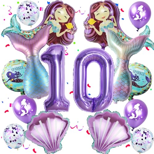Deko 10. Geburtstag Mädchen Meerjungfrauen Luftballons 10. Geburtstag Mädchen Meerjungfrau Deko, Folienballon 10 Meerjungfrau Themen Ballons für 10 Jahre Mädchen Geburtstag Party dekoration von Hopewey