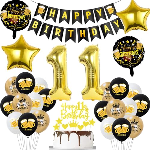 Deko 11. Geburtstag Mädchen Junge , Schwarz Gold 11. Geburtstag Party Dekoration, 11 Jahre Junge Geburtstagdeko, 11 Ballon Deko mit Happy Birthday Banner, Gold Tortendeko von Hopewey