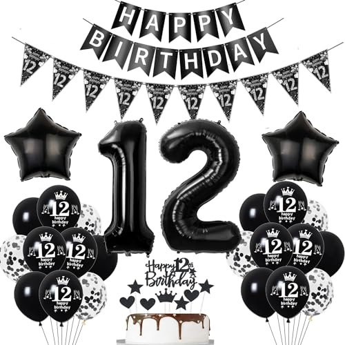 Deko 12. Geburtstag Jungen Mädchen Schwarz Tortendeko 12 Geburtstag Mädchen Party Deko Schwarz Luftballons 12 Jungen deko Geburtstagsdeko 12 jahre Ballon von Hopewey