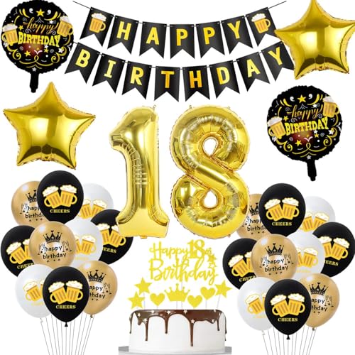 Deko 18. Geburtstag Mädchen Junge , Schwarz Gold 18. Geburtstag Party Dekoration, 18 Jahre Junge Geburtstagdeko, 18 Ballon Deko mit Happy Birthday Banner, Gold Tortendeko von Hopewey