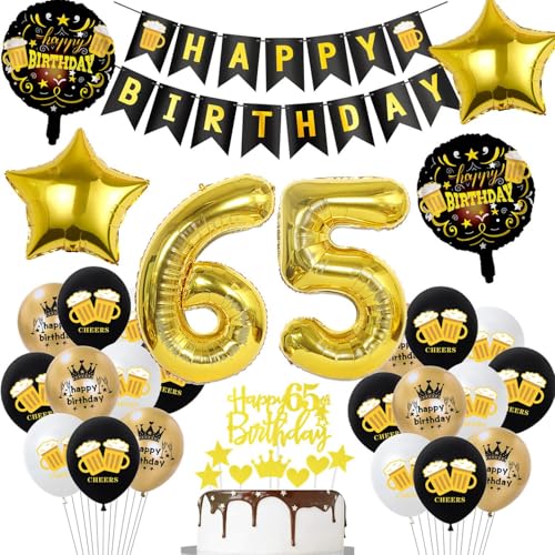 Deko 65. Geburtstag Frau Mann , Schwarz Gold 65. Geburtstag Party Dekoration, 65 Jahre Mann Geburtstagdeko, 65 Ballon Deko mit Happy Birthday Banner, Gold Tortendeko 65 Mann von Hopewey