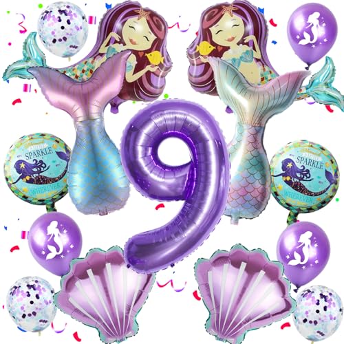 Deko 9. Geburtstag Mädchen Meerjungfrauen Luftballons 9. Geburtstag Mädchen Meerjungfrau Deko, Folienballon 9 Meerjungfrau Themen Ballons für 9 Jahre Mädchen Geburtstag Party dekoration von Hopewey